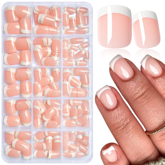 AddFavor White French Tip Press on Nails Short Square - 240pcs Nude Pink Short Square Fake Nails, French Tip Nails Press on Acrylic Nail Extension Nails Art DIY