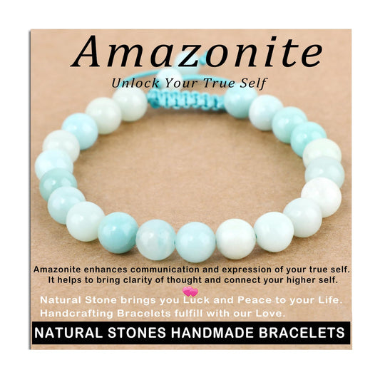 AD Beads 8mm Amazonite - Unlock Your Ture Self - Handmade Natural Stone Crystal Bracelet with Adjustable Macrame String - Yoga Healing Power Energy Gifts for Men and Women