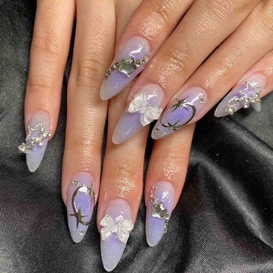 Hkanlre Long Almond Press on Nails Bow Fake Nails Tips Full Cover False Gradient Nails for Women and Girls 24PCS