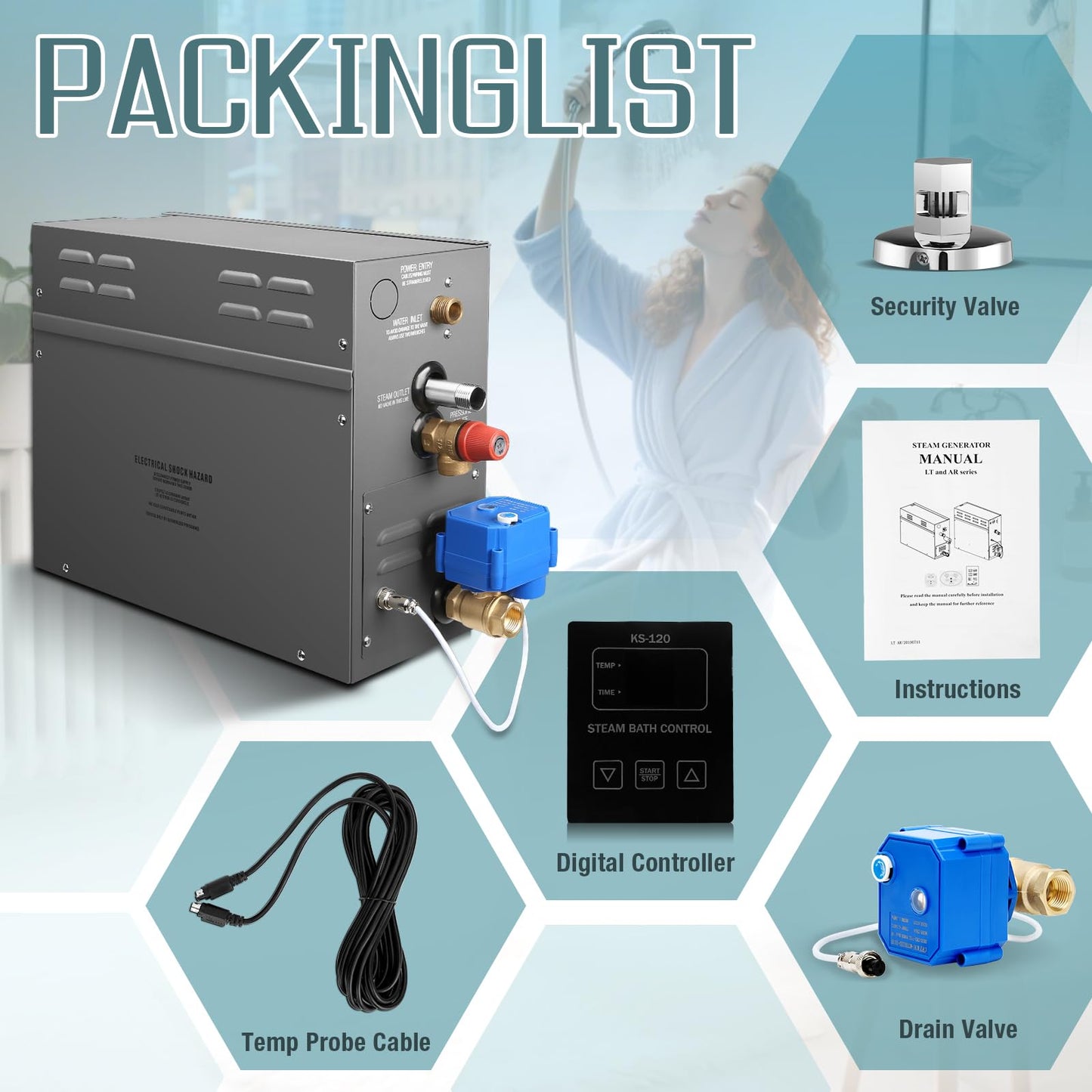 6KW Steam Generator-Quick start continuous steam，with Black digital control panel Self-Draining System, 95-131°F Temp Control,Can be used for heating a space area of 6m³/211Cu.ft.(6KW 220V)