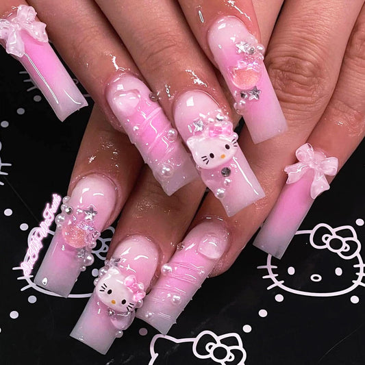 YKLWNN 24Pcs Pink Press on Nails Long Square Fake Nails with Cute Nails Rhinestones Design Acrylic Glue on Nails Full Cover Y2K False Nails Pink Artificial Nails for Women Girls Nail Decoration