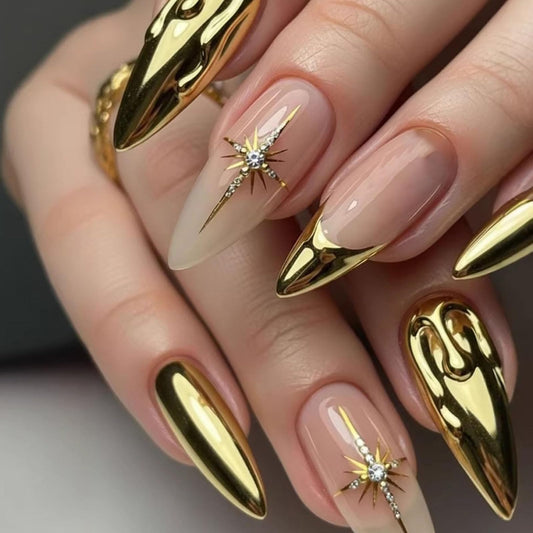 RUOKEXIN Long Stiletto Press on Nails French Tip Fake Nails Gold False Nails with Rhinestones Designs Almond Nail Press ons Sparkly Artificial Nails for Women 24Pcs