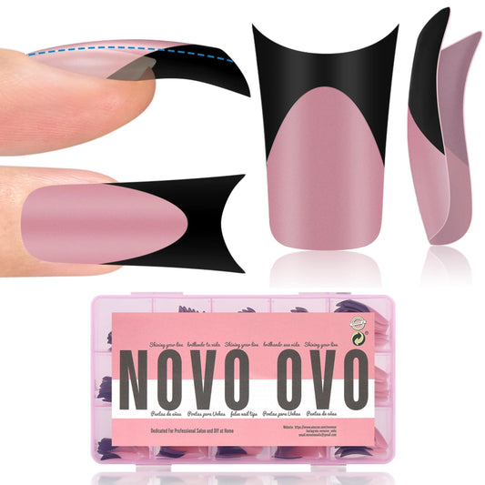 NOVO OVO Halloween Black French Tip Duck Feet Nail Tips Full Cover for Press on Acrylic with Moon Curve, Thick Medim Pre-Etched Matter Flare Wide Soft Gel Fake False Nail Extension x 15 Sizes 150 pcs