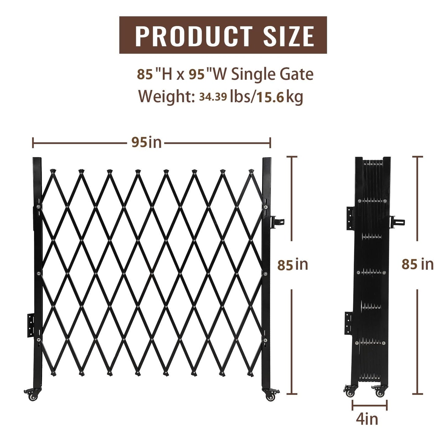 GarveeTech Single Folding Security Door, 85 in H x 95 in W Portable Flexible Expandable Fence Gate, Steel Accordion Security Gate with 360°Rolling Wheel - Ideal for Courtyards, Garages, Gardens