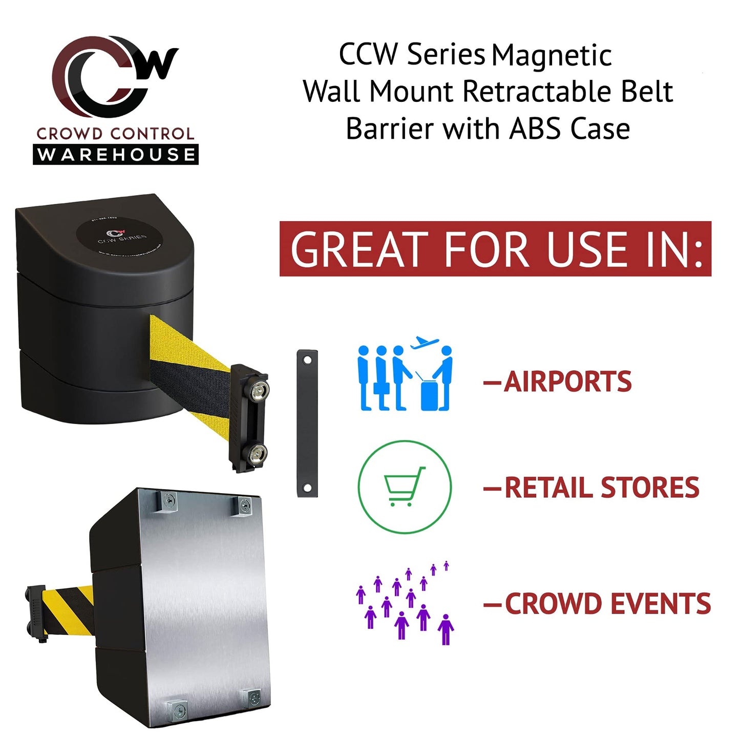 Crowd Control Warehouse - CCW Series WMB-220 Magnetic Wall Mount Retractable Belt Barrier - 15 Foot, Red with"NO Entry" White Letters Belt with Black ABS Case