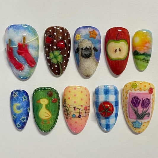 IMRAIN Press on Nails Medium Almond Fake Nails with Cute Pattern Design Blue Red Acrylic False Nails Y2K Summer Full Cover Artificial Stick on Nails for Women Girls 24Pcs