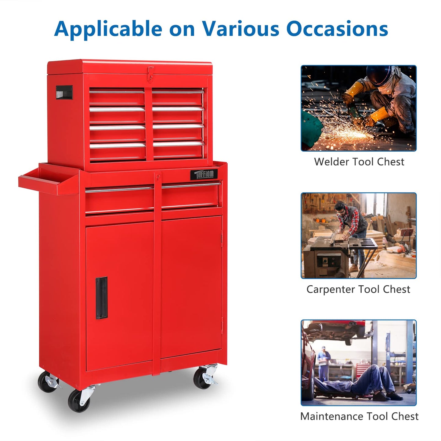 TUFFIOM 5-Drawer Rolling Tool Chest, Tool Storage Cabinet w/Drawers, Lockable Wheels, Detachable Top & Adjustable Shelf, Mechanic Tool Organizer Box for Garage, Workshop, Warehouse & Repair Shop