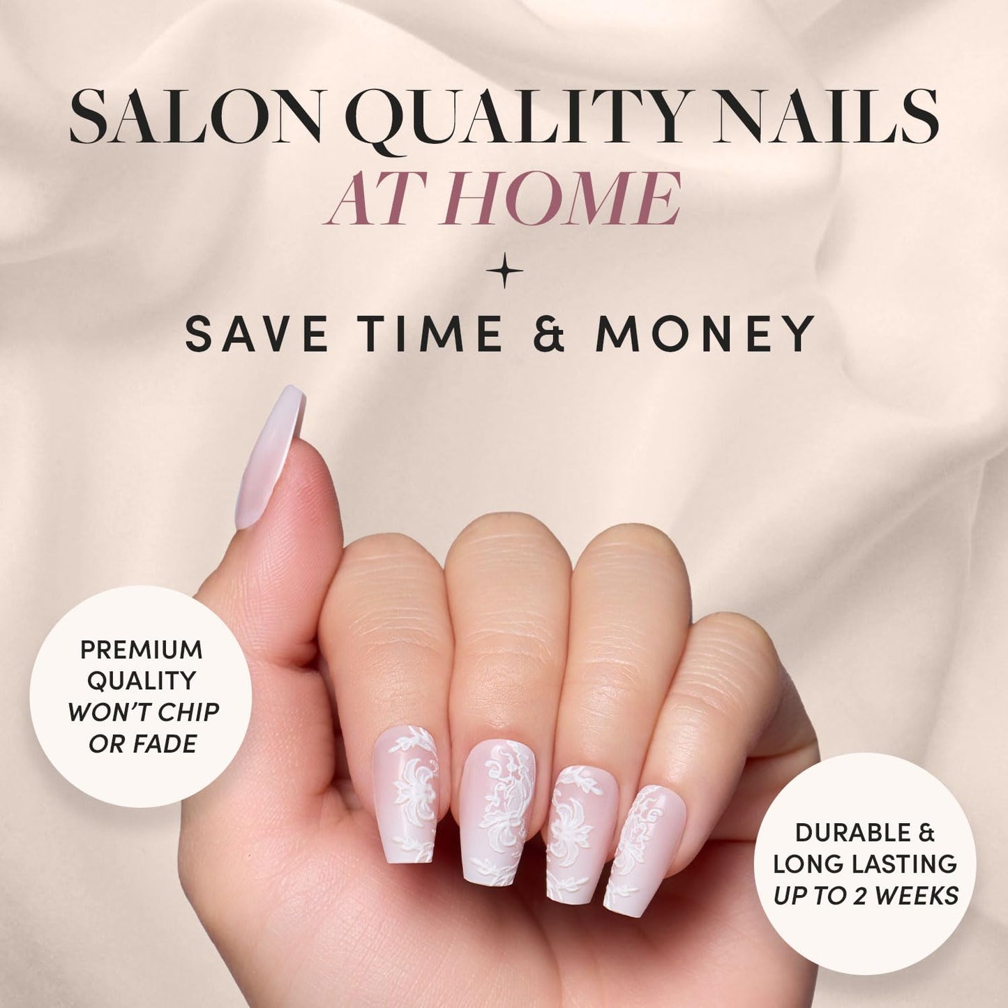 Glamnetic Press-On Nails & Adhesive Nail Tabs - Lace Blush | Medium Coffin Fake Nails with Lace Detailing | 15 Sizes - 30 Nail Kit with Adhesive Tabs
