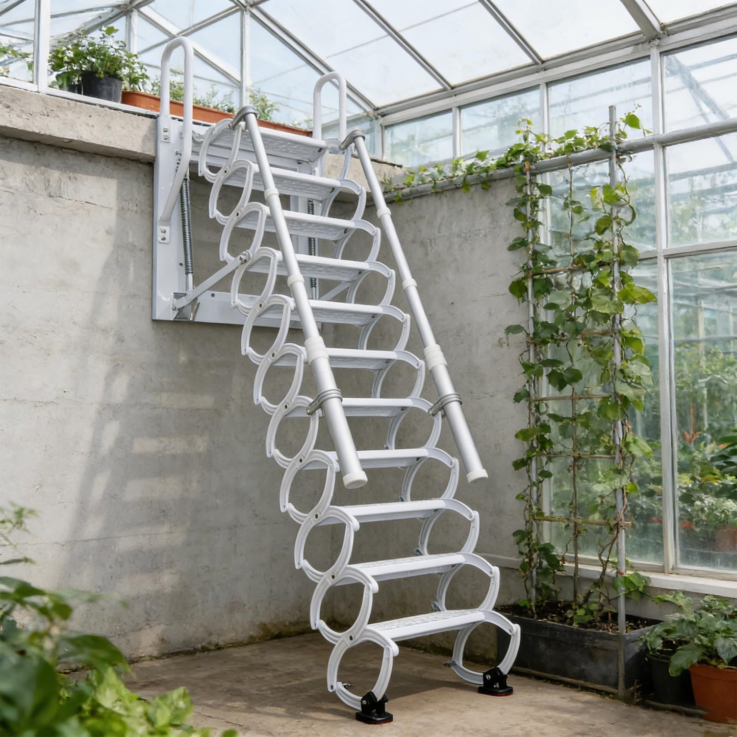 12 Steps Attic Stairs,Wall Mounted Folding Loft Ladder,Retractable Collapsible Stairs,Extension Steps Ladder with Armrests,Telescoping with Pulldown System (White, Step 12)