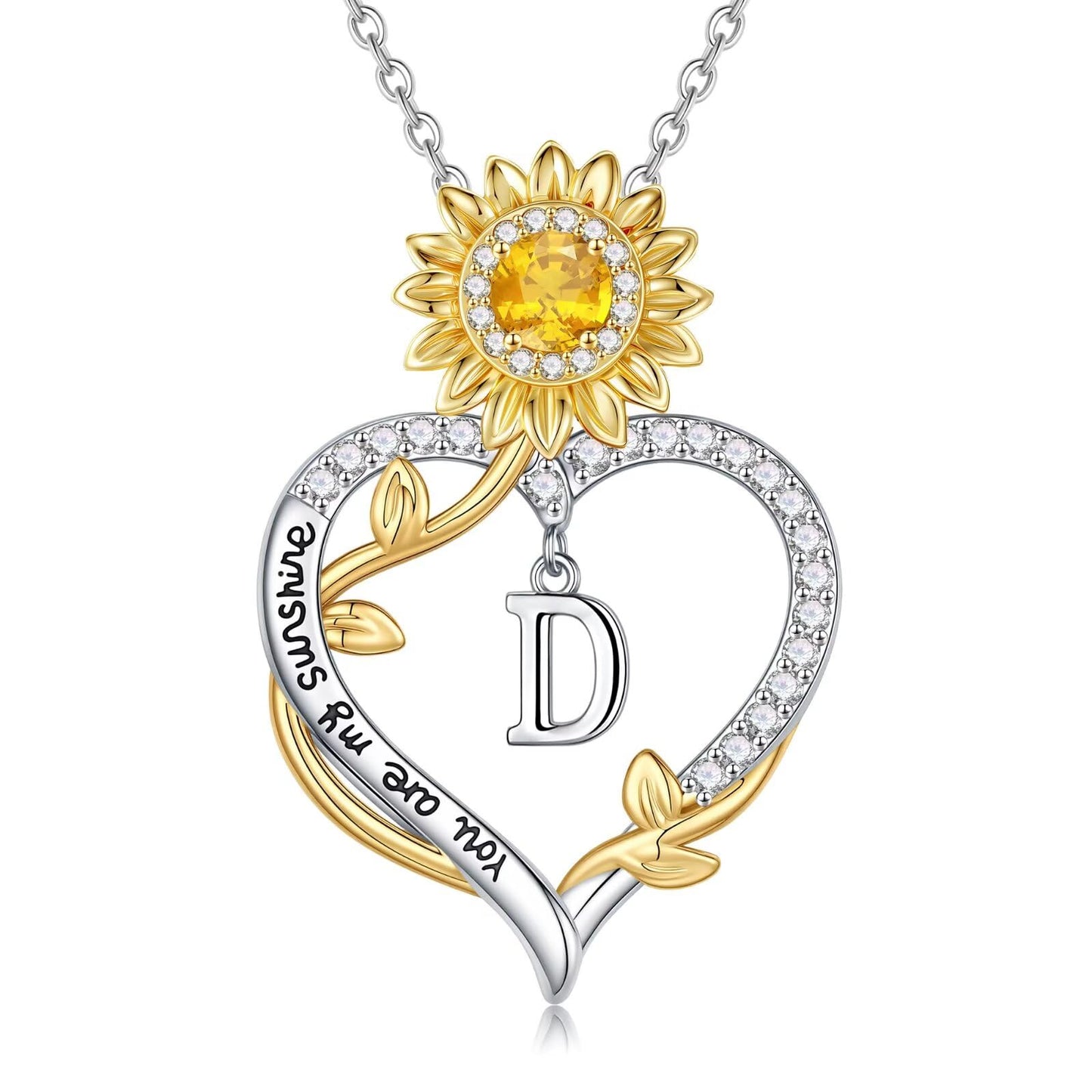 MONOOC Sunflower Gifts for Women - 14K-White-Gold-Plated Sunflower Initial Necklaces for Woman Heart Initial Letter D Necklace, Anniversary Birthday Gifts for Women Wife Mom Jewelry Gift