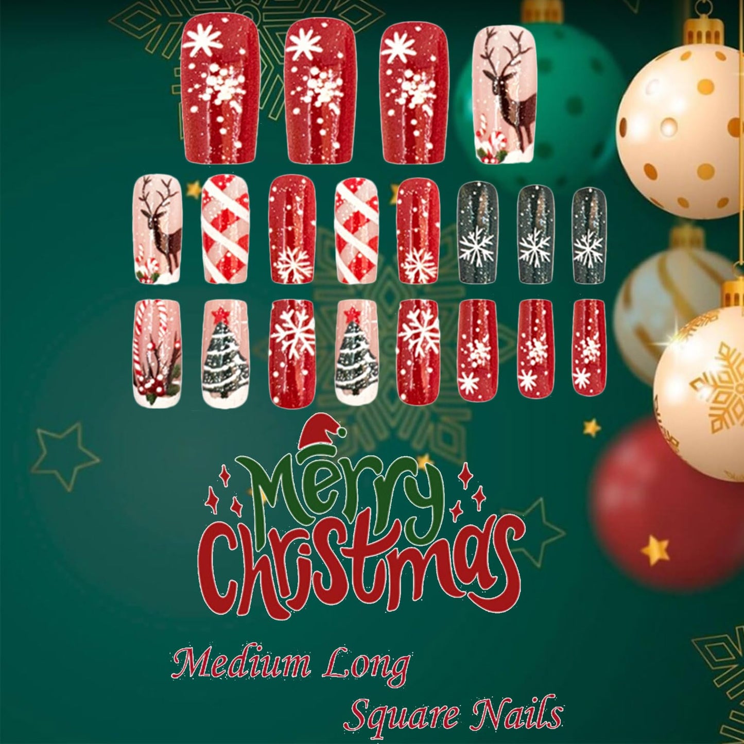 24Pcs Brown Elk Press on Nails Christmas Tree Gel Glue on Nail Christmas Medium Square False Nails Snowflake Stick on Fingernails Glossy Red Stars Acrylic Fake Nail for Women Xmas Gift