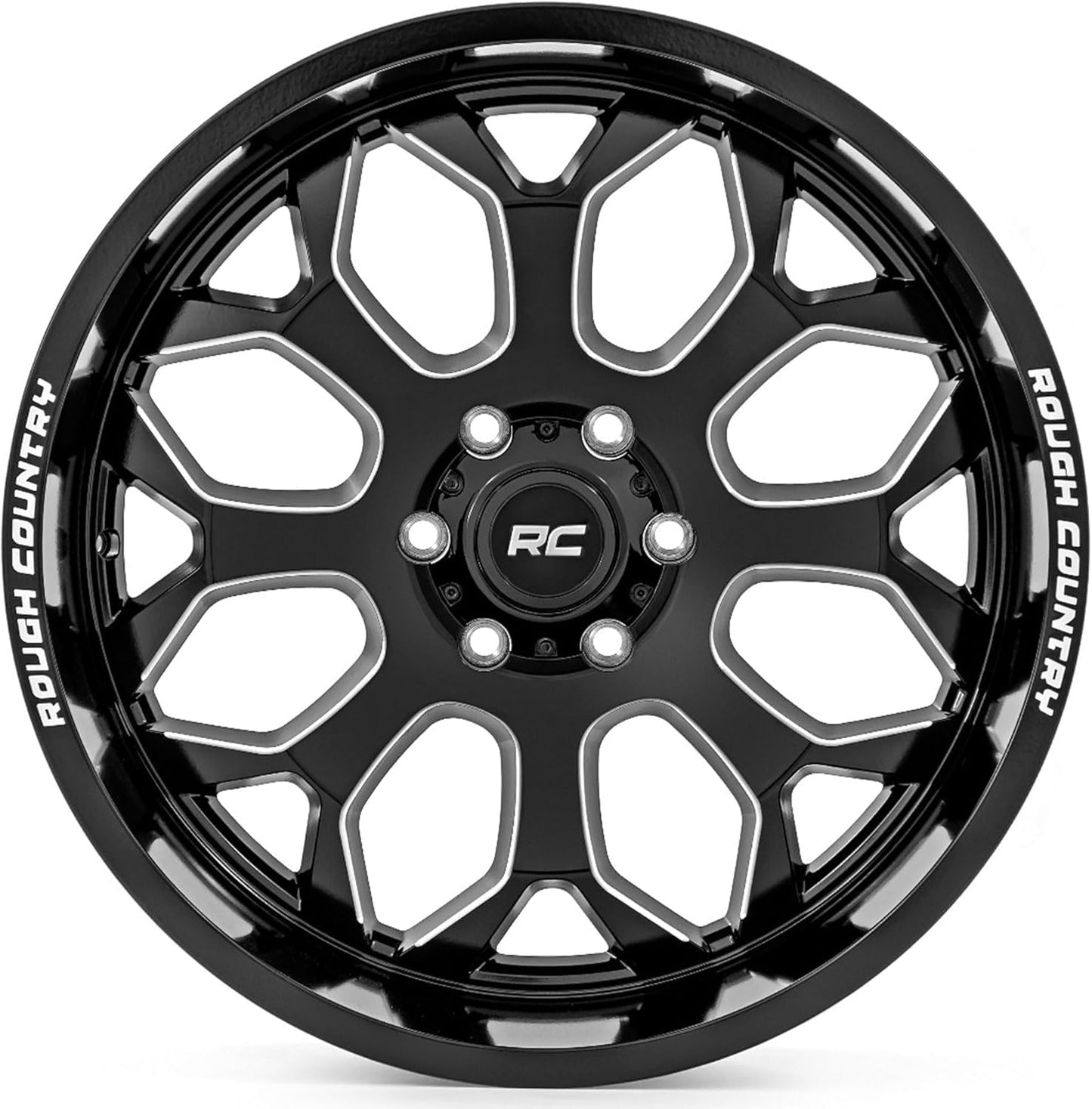 Rough Country 96 Series One-Piece Aluminum Wheel 20x10, 6x5.5" Bolt Pattern, 19mm Offset - Gloss Black w/Milled Accents, 8-Spoke, Lightweight with Center Cap