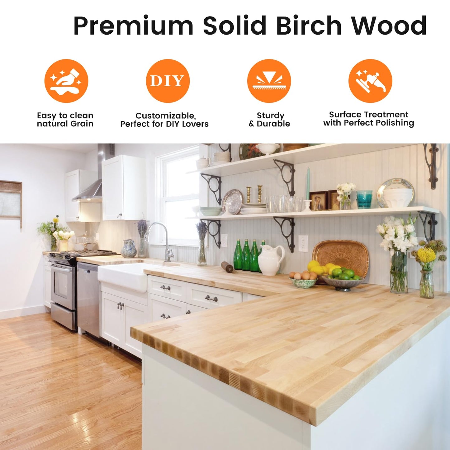 Butcher Block Countertop, Solid Wood Table Top - 3ft Unfinished Birch Work Bench Top Cut to Size for DIY Desktop/Washer Counter/Office Desk/Kitchen Island/Living and Dining Room Tables 36x25x1.5 in