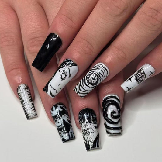 IMRAIN Long Press on Nails Square Fake Nails Black White Pattern Acrylic False Nails with Designs Full Cover Glossy Glue on Nails for Women