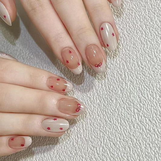 RIICFDD French Tip Press on Nails Short Almond Fake Nails Cute Nails Press ons Full Cover Glossy Stick on Nails with Mini Red Bow Star Designs False Nails Glue on Nails for Women Cute Nails 24 Pcs