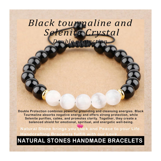 AD Beads 8mm Black tourmaline + Selenite Crystal - Double protection - Handmade Natural Stone Crystal Bracelet with Adjustable Macrame String - Yoga Healing Power Energy Gifts for Men and Women