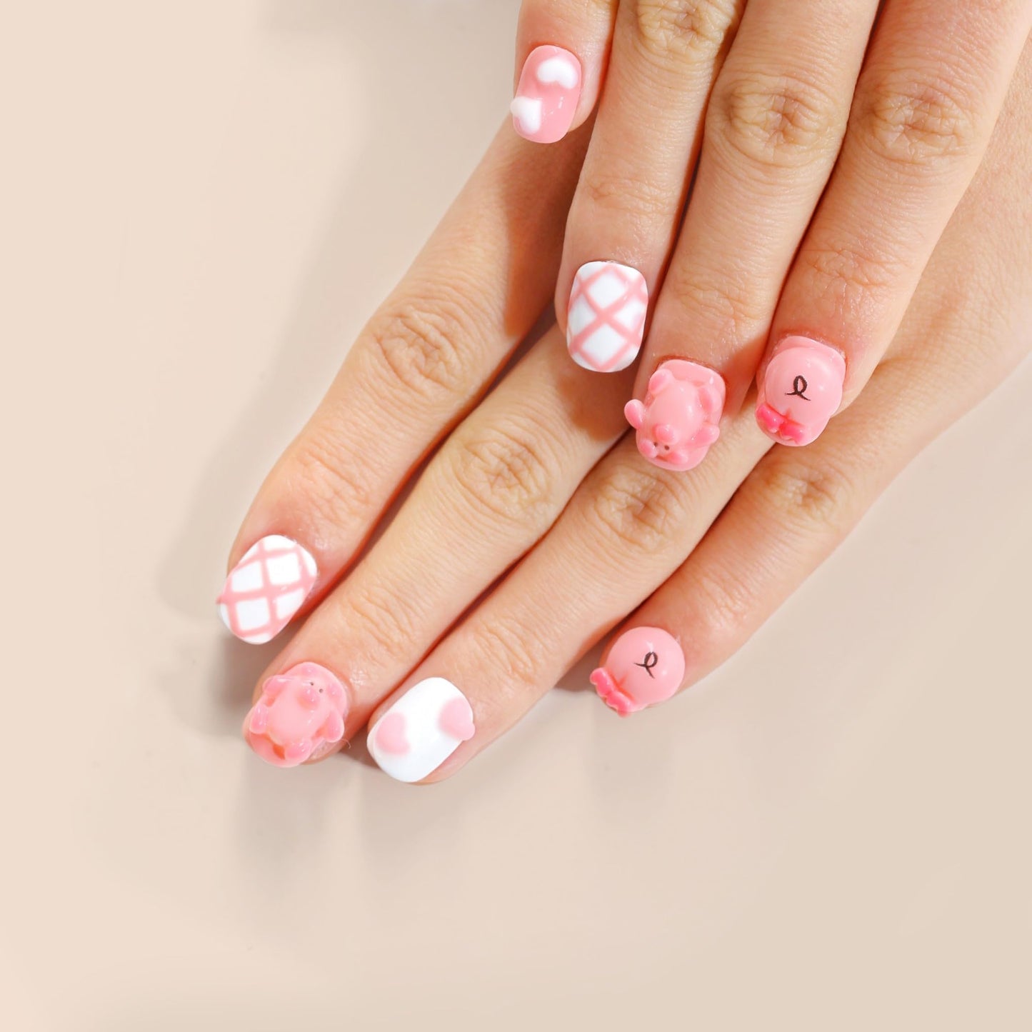 Sun&Beam Nails Handmade Press-on Short Square Round Pink White Pig Design Fashionable False Nail Tips 10 Pcs Set (#157 S)