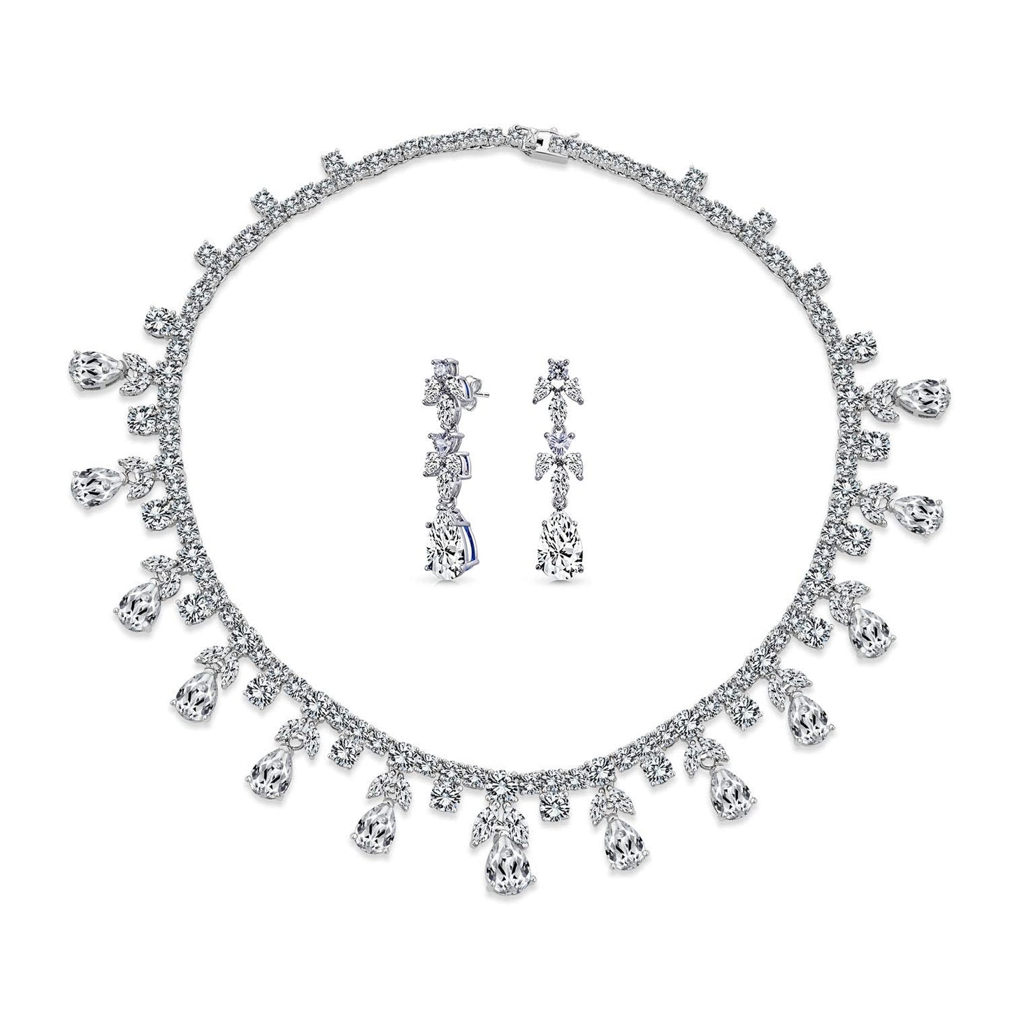 Vintage Estate Art Deco Style Design Bridal Jewelry Set Fashion Bridal Multi Teardrop AAA CZ Statement Spray Collar Necklace & Chandelier Dangle Earrings For Women Silver Plated