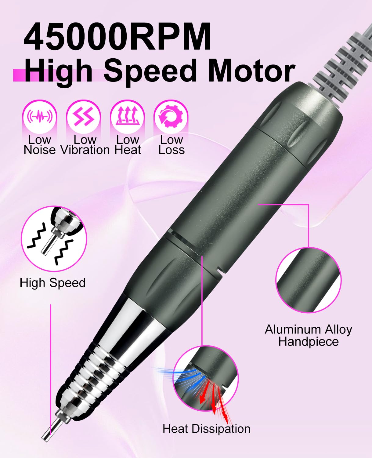 LimeGirl Nail Drill Professional 45000RPM, Pink Electric Nail File for Acrylic Nails Gel Nails, with 11-in-1 Nail Drill Bits for Fast Polishing Manicure Pedicure, Rechargeable Hand Foot Care Tool