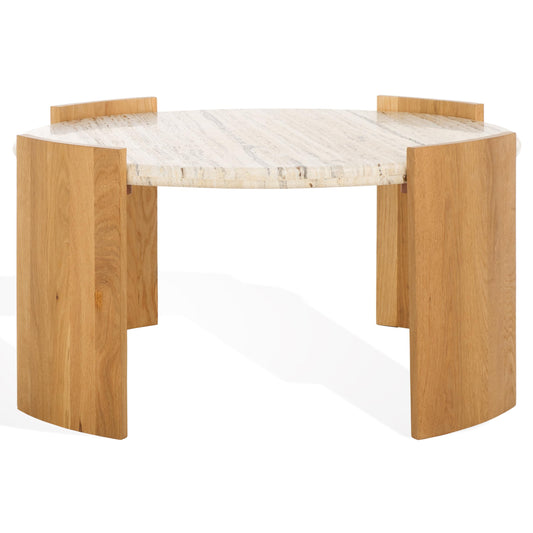 SAFAVIEH Couture Collection - Damarcus Travertine Top Round Coffee Table with Natural Brown Solid Wood Base, Modern Accent Cocktail Table (SFV9731A)