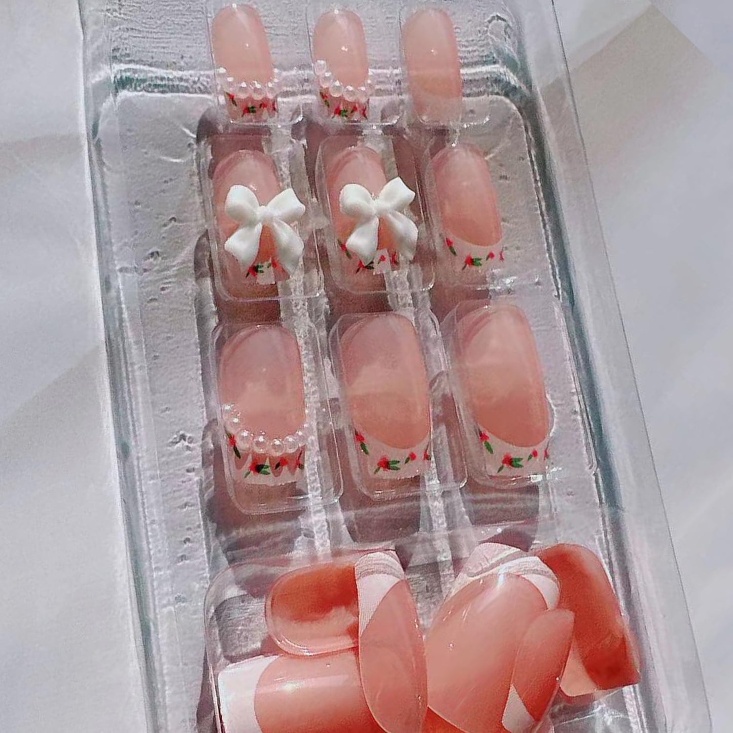 Floral French Press on Nails Cute Pink False Nails with Bow Pearl Design French Nails Press ons Cute Bow Nail Tips Stick on Nails Long Square Shape Artificial Nails Acrylic Finger Manicure for Women