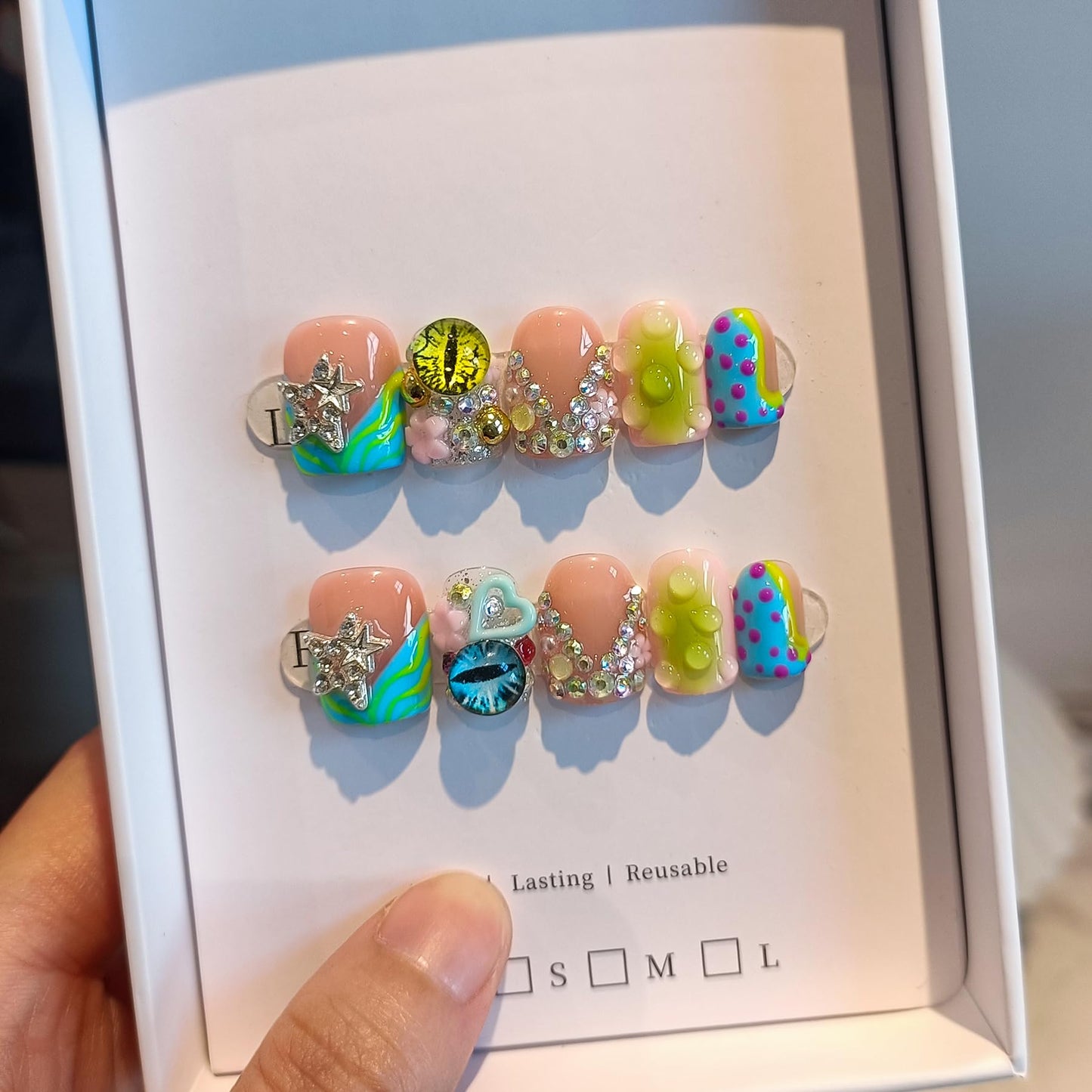 TENPAL V-Shape French Tips Square Nails,Acrylic Press on Nails with 10pcs Kit,Sweet Edgy Y2K Hand-Painted Art False Nails,Neon Yellow-Green Fake Nails with 3D Stars, Hearts, Rhinestones Flowers(M)
