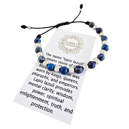 Sabeli Handmade Lapis Lazuli Bracelet Crystal Bead Jewelry for Men and Women Spiritual Healing Anxiety Protection Gemstone Natural Stone Gift Adjustable Blue 6mm Beads