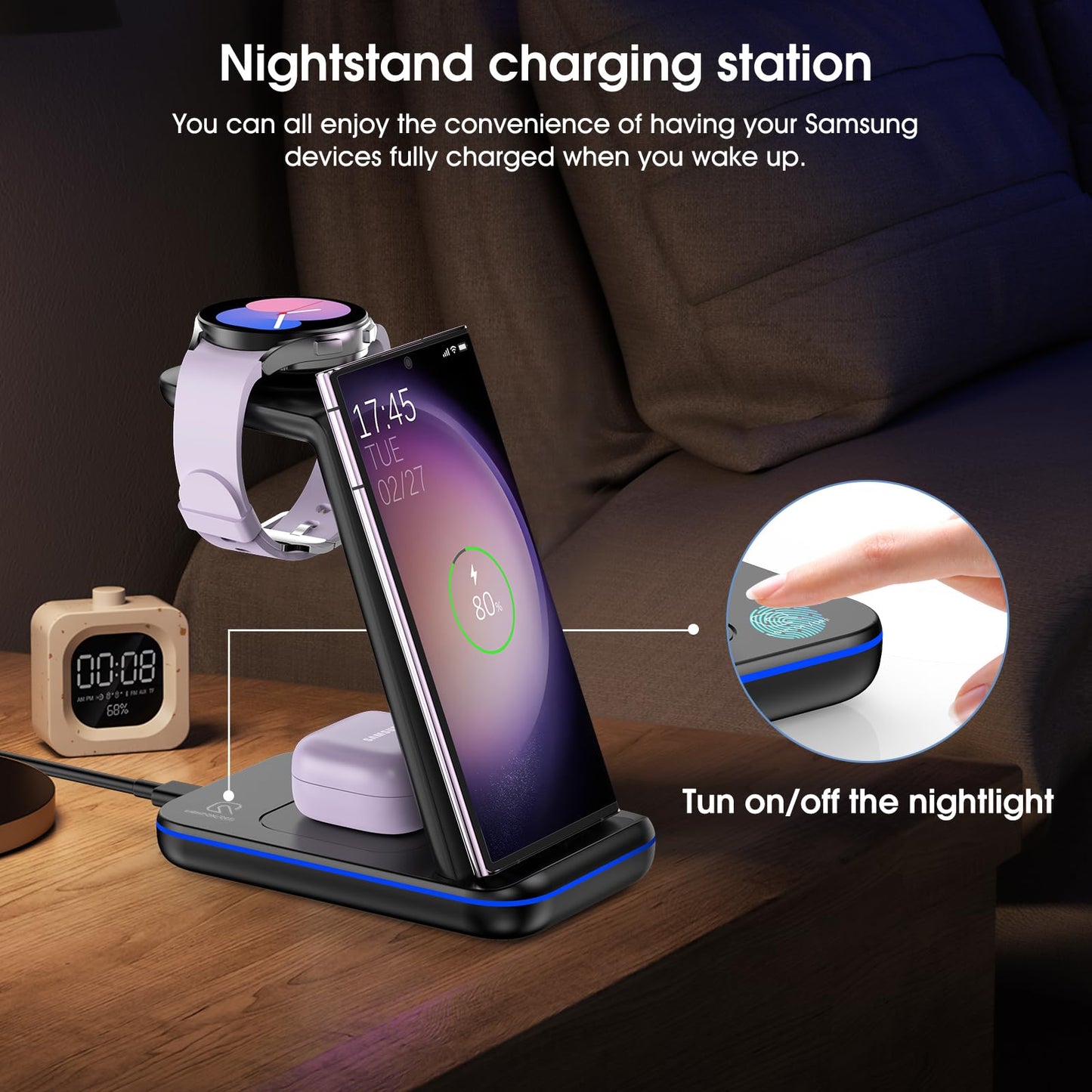 Wireless Charging Station for Samsung/Android, Fast Wireless Watch Charger Station Compatible for Samsung Galaxy S25 Ultra/S24/S23+/Z Flip 7/6 Fold 7/6, Watch8/7/Pro/Active 2 Galaxy Buds3/2 Pro(Black)