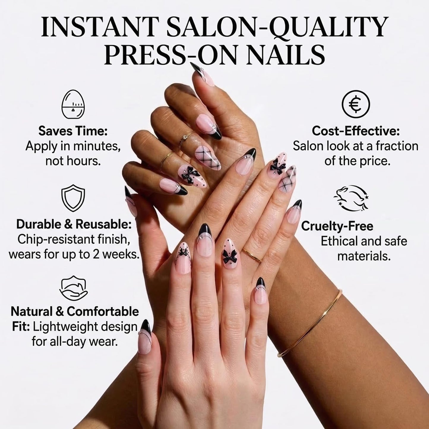 IMSOHOT Medium Almond Press on Nails, Goth Black Bow Design, 24 Pcs Glossy Fake Nails with 3D Ribbon & French Tip Pattern for Women Girls
