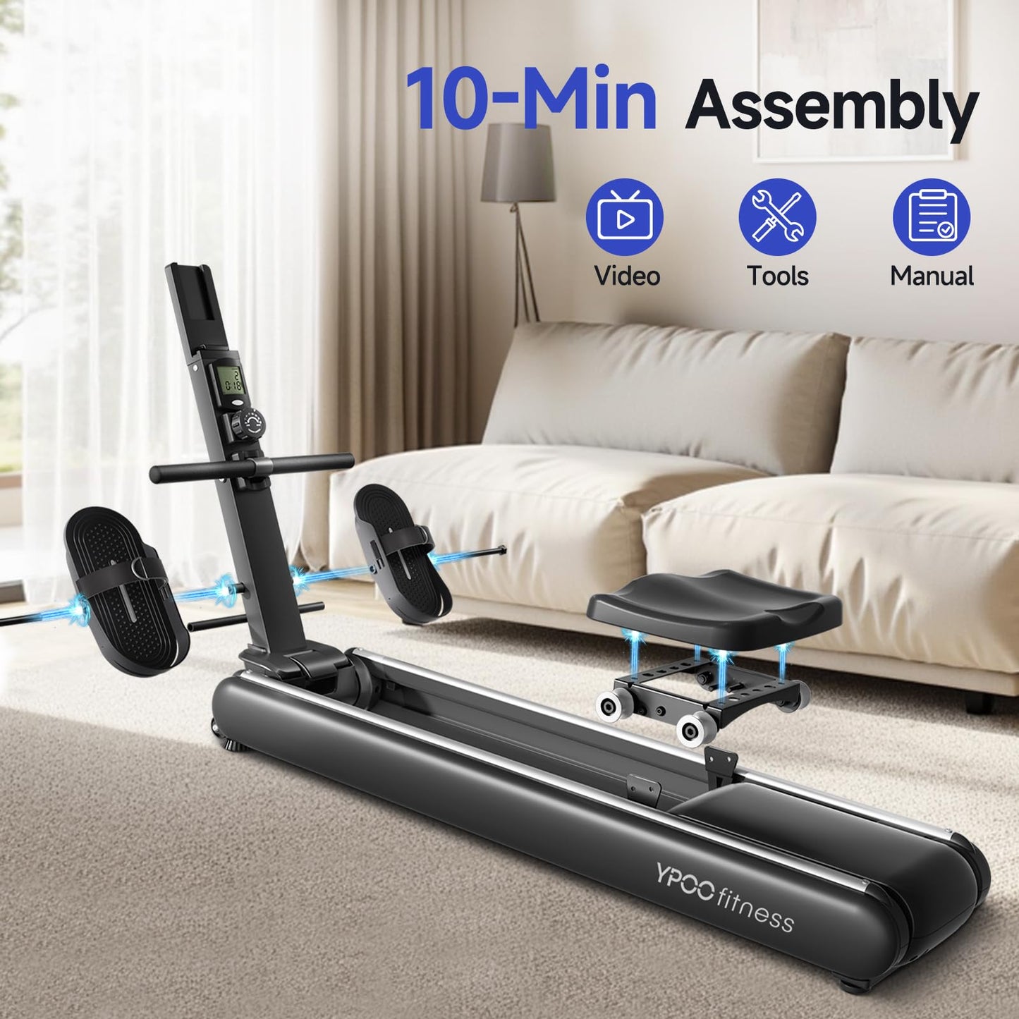 YPOO Rowing Machines for Home, Magnetic Row Machine Foldable, 16 Levels Quiet Resistance Rowing Machine with Dual Slide Rail, Folding Indoor Rowers Compact with Max 350lb Weight Capacity