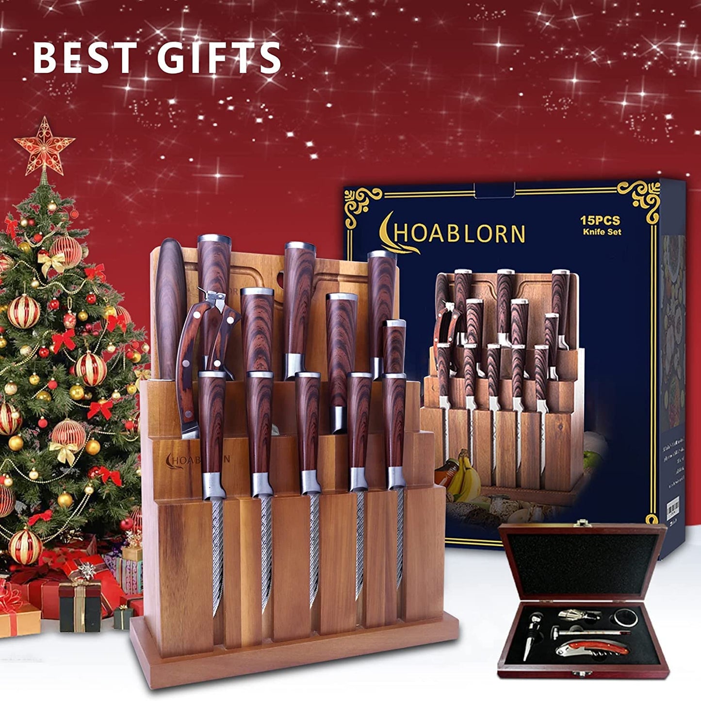 ChefHoablorn Damascus Knife Block Set – Premium 20-Piece Chef Knife Set with Extra Cutting Board & Wine Corkscrew, High Carbon Stainless Steel, Elegant Housewarming Gift