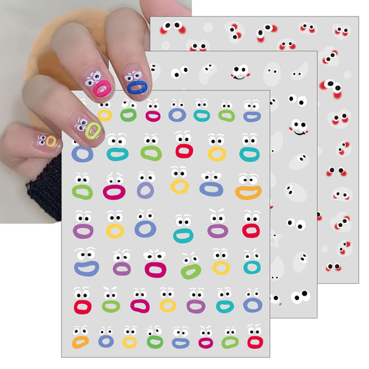 3 Sheets Weird Mouth Nail Art Sticker Colorful Cute Big Mouth Monster Eyes Jelly Nail Sticker 5D Embossed Expression Face Nail Decals for Women Kids DIY Nail Art Decoration