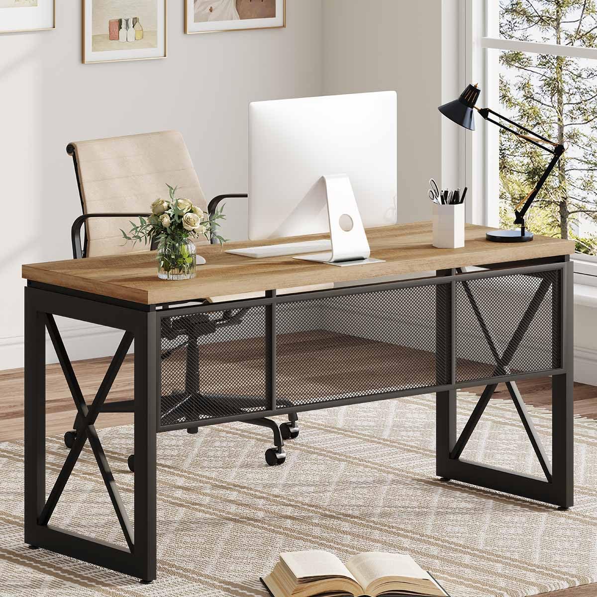 BON AUGURE Computer Desk for Home Office, Sturdy Office Desk, Wide Wood Metal Writing Table, Farmhouse Industrial Gaming Desks (60 Inch, Vintage Oak)