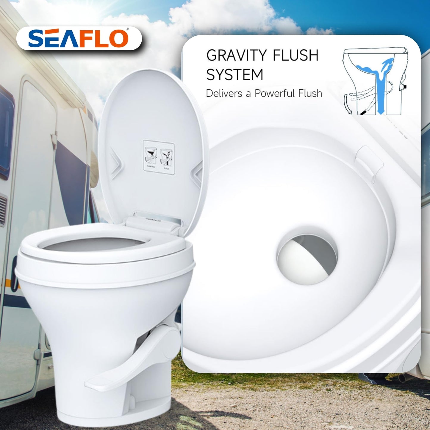 SEAFLO RV Toilet, 18.4” Residential Height, Gravity Flush System, Foot Pedal Operation, Soft Close Seat, for RV Motorhomes Campers, IAPMO & CSA Certified - 4-Year Warranty