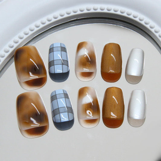 24Pcs Amber Cat Eye Press on Nails Shine Cat Eye Acrylic Fake Nails Glossy Blue Cat Eye Short Square False Nails Grid Cat Eye Stick on Nails Mesh Fabric Gel Glue on Nails for Coquette Women Girls