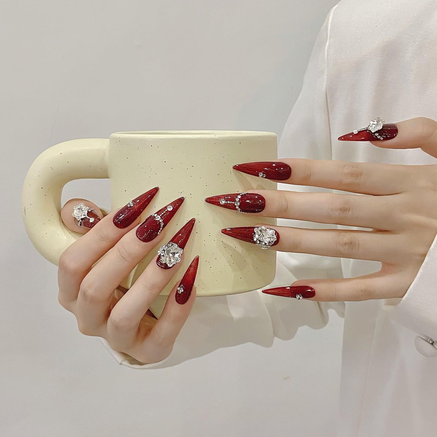 JIEADJIE Press On Nails (100% Handmade),Length Version,Handmade Painted Nail Art by Nail Technician,Luxury Party and Holiday Styles (Red Diamond, Small)