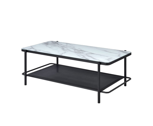 Furniture of America Basil Industrial 1-Shelf, Faux Marble Top Steel 48 in. Rectangle Coffee Table for Living, Bedroom, Reception Room, Black and White