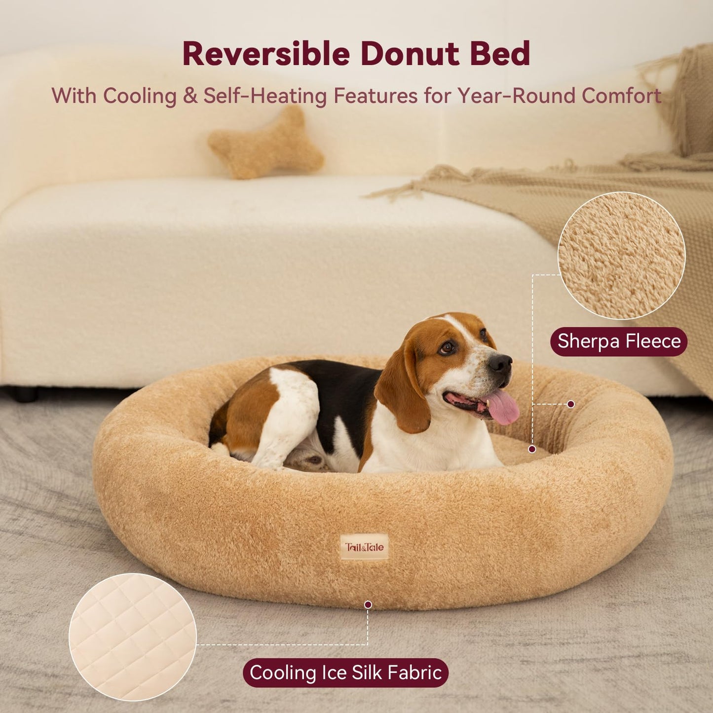 Cooling Calming Donut Dog Bed for Large Dogs – Orthopedic Memory Foam Round Dog Bed for Anxiety Relief & Senior Joint Support, Waterproof Liner, Washable Removable Cover & Non-Slip Bottom