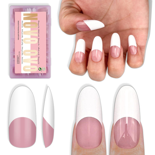 NOVO OVO Old School Oval Round Medium Long White French Tip Nail Tips Press on BERRY PINK, Extra Thick Soft Gel Fake Nail Acrylic Extension,Need Builder Gel Top Coat,No Glue Included,15 Sizes 240 pcs