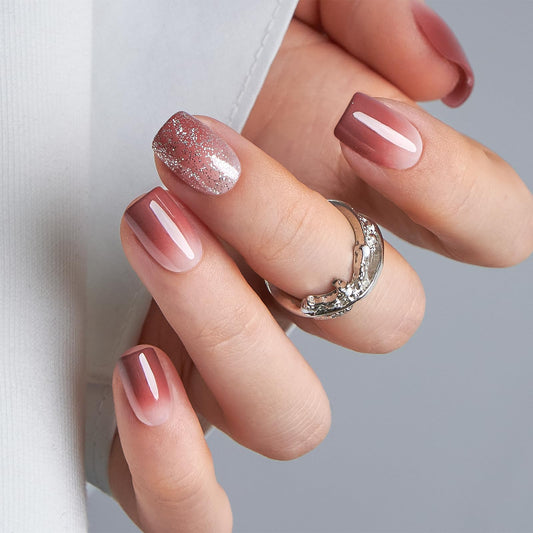 Curvlife Soft Gel Press on Nails Acrylic Short Square Fake Nails with Design Full Cover False Nails for Women Reusable Nail Kit (Misty Pink, 30pcs)