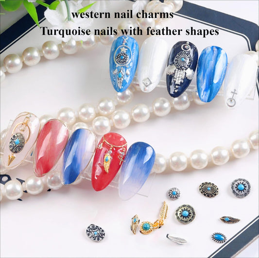 50 PCS Metal Turquoise Nail Charms - Western Cowboy Nail Art Decorations, 3D Nail Gems for DIY Manicure, Mixed Shapes Nail Accessories for Gel Acrylic Nails (Blue)