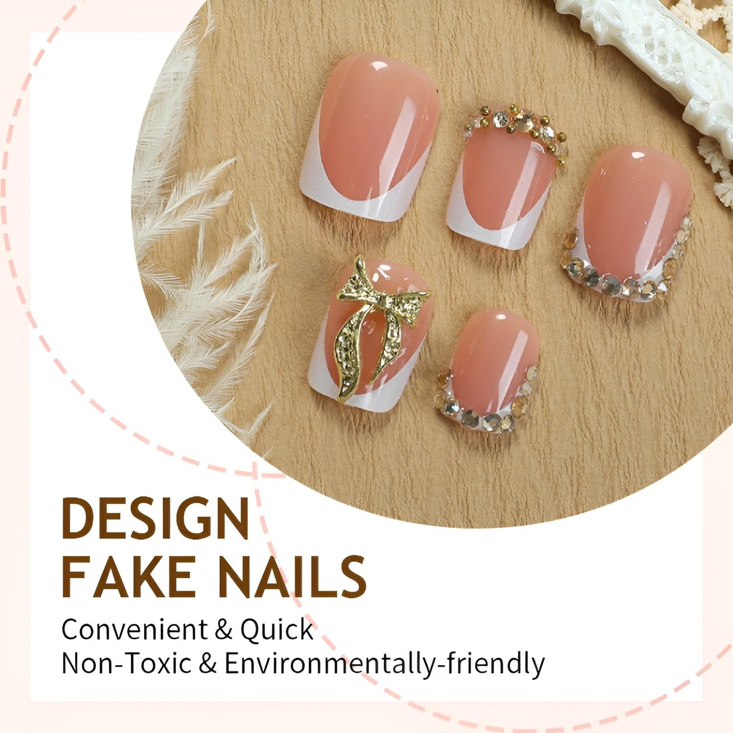 24Pcs French Tip Press on Nails Short Square Fake Nails Gold 3D Bow Nails Press Ons Glossy False Nails with Rhinestones Design White Nude Glue on Nail DIY Stick on Nail Decoration Set