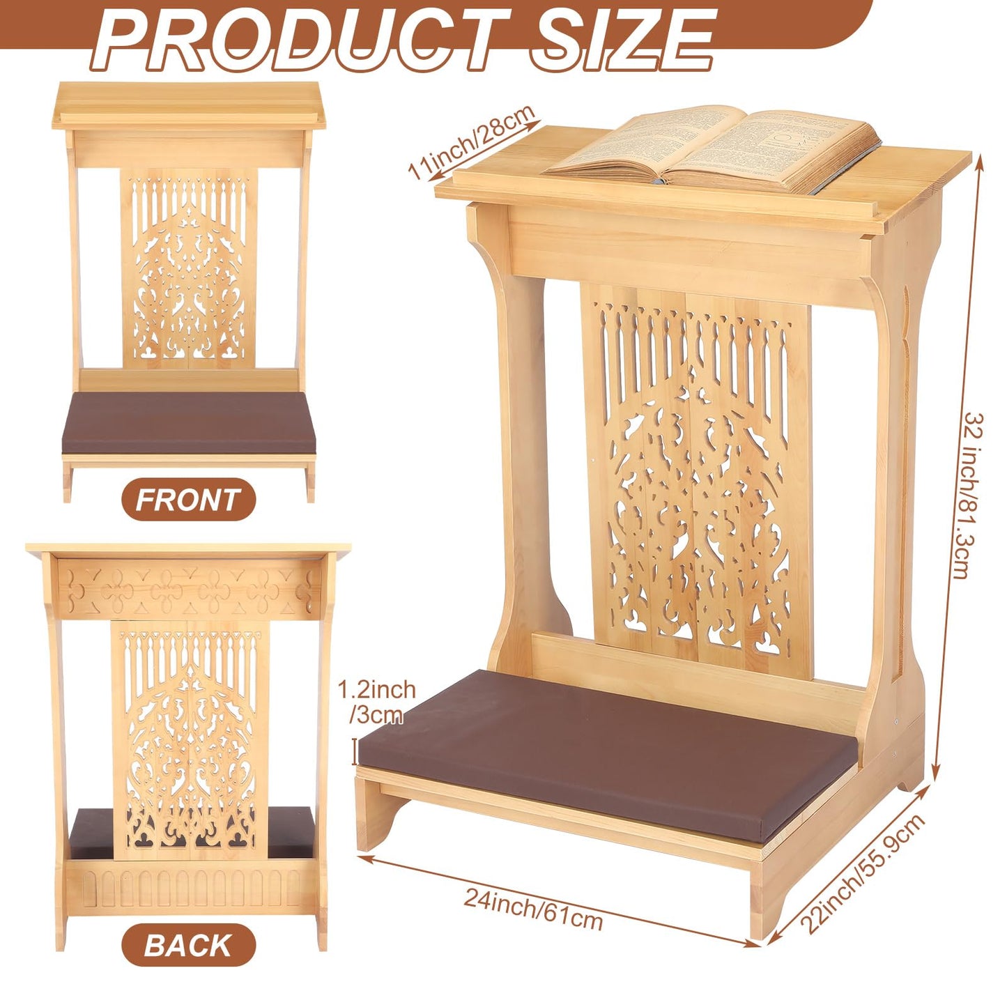 Colingmill Tree of Life Church Prayer Bench Stool Wooden Padded Kneeler with Shelf and Cushion Prayer Kneeler for Home Church Religious Gifts, 24 x 22 x 32 inches (Medium Oak Color)