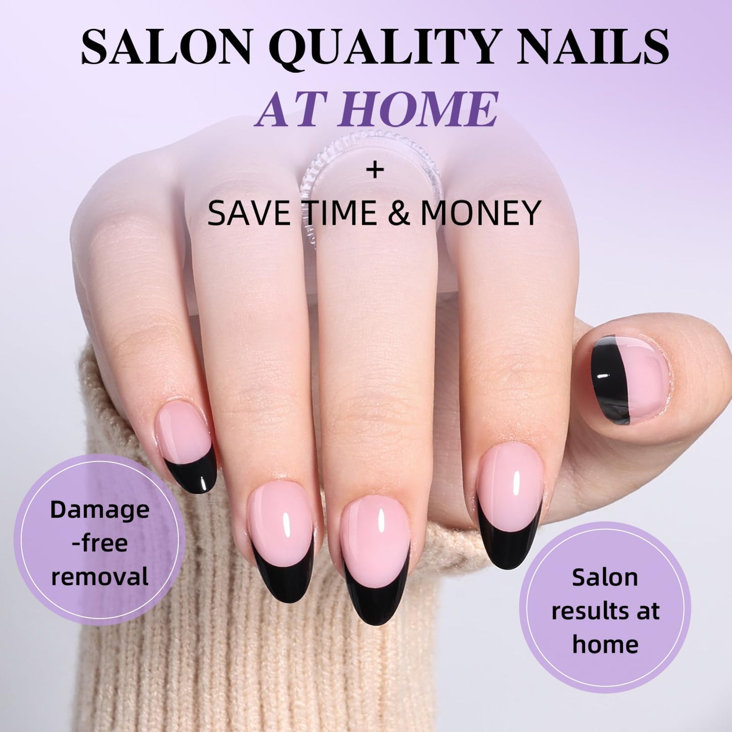 Pink Base Black French Tip Press On Nails - Short Almond Fake Nails, Reusable Glue On Nails with Nail Glue, French Tip Design for Women 32 Pieces 16 Sizes