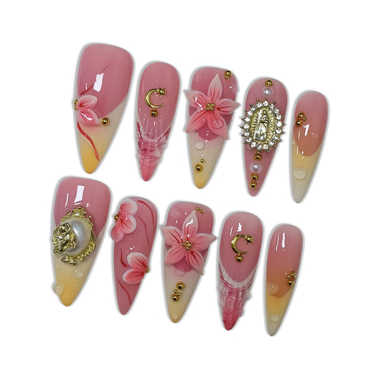 Hantyer Pink Ombre French Press on Nails with 3D Floral Carving, Gold Statue Charms, Long Stiletto Glossy Iced Baroque Fake Nails, Reusable Elegant False Nails for Women Wedding Ball Party (Size M)