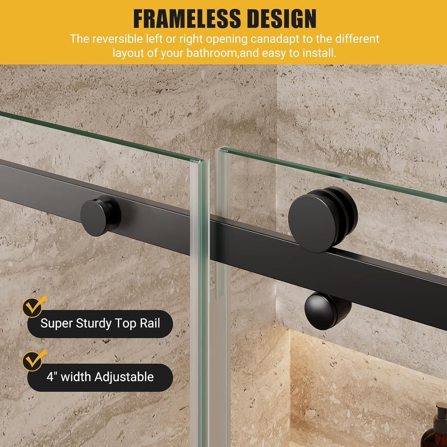 Shower Glass Door, 60 in W x 72 in H Frameless Sliding Shower Doors with Waterpoof Strip and Clear Sgcc 8mm Tempered Glass, for Walk-in Shower Enclosure Bathtub Bathroom, Black