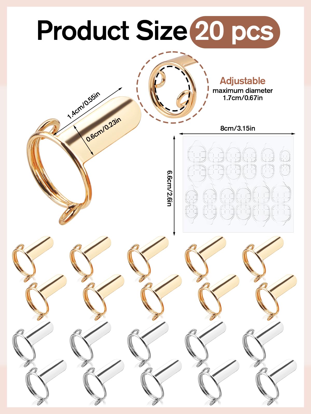 20PCS Nail Rings, EBANKU Updated Adjustable Nail Rings Detachable Reusable Women Gift Ring Set with 120PCS Adhesive Nail Tabs for Acrylic Nail Art Decoration Gold and Silver