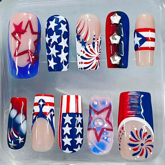 24Pcs 4th of July Press on Nails Medium Square French Tip Fake Nails with Star Rhinestone Design Independence Day False Nails Patriotic Flag Star Glue on Nails for Women Holiday Acrylic Nails