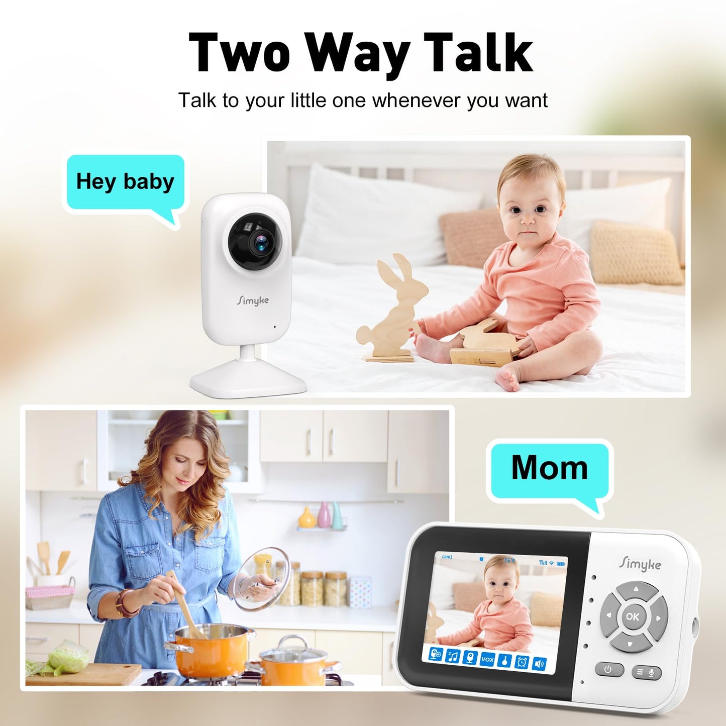 Simyke Upgrade Video Baby Monitor,WiFi Baby Camera,2.8" Display and App Control,1200ft Long Range,2 Way Talk,Auto Night Vision,Sound Alert,VOX,Temperature Sensor 5 Lullabies Feeding Remind,Home Use