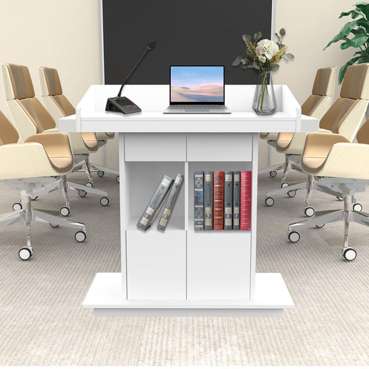 Portable Podium Stand, Podium Stand with Wheels, Church Pulpit with Storage, Church Podium Stands, Wooden Podium, Modern Podium, Lecterns Podiums, L39.4" x W20" x H44.3" (White)